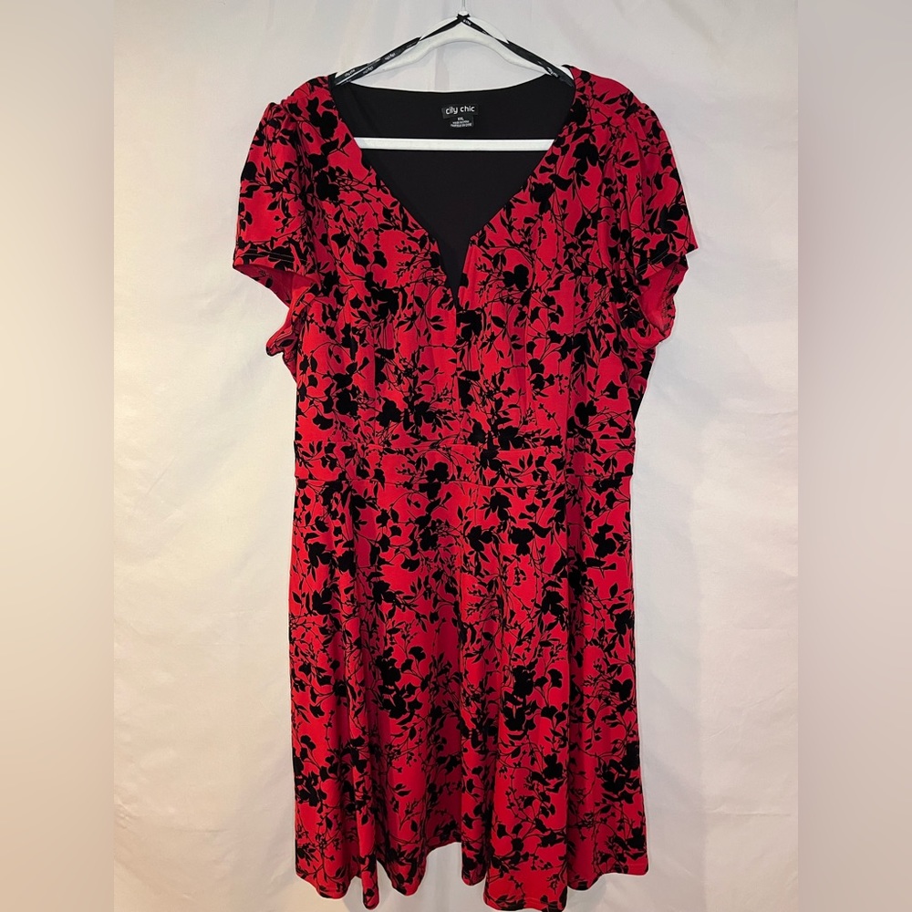 City Chic Retro Cut Swing Dress, Red with Black Velvet Accents Size XXL.